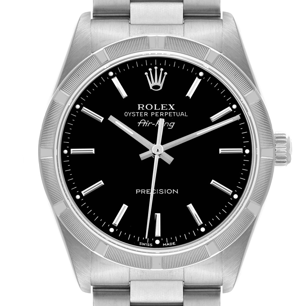 Rolex Air King 34 Black Dial Steel Engine Turned Bezel Mens Watch 14010