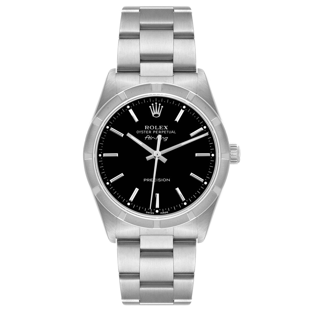 Rolex Air King 34 Black Dial Steel Engine Turned Bezel Mens Watch 14010