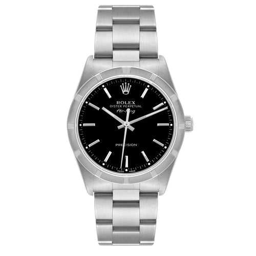 Rolex Air King 34 Black Dial Steel Engine Turned Bezel Mens Watch 14010