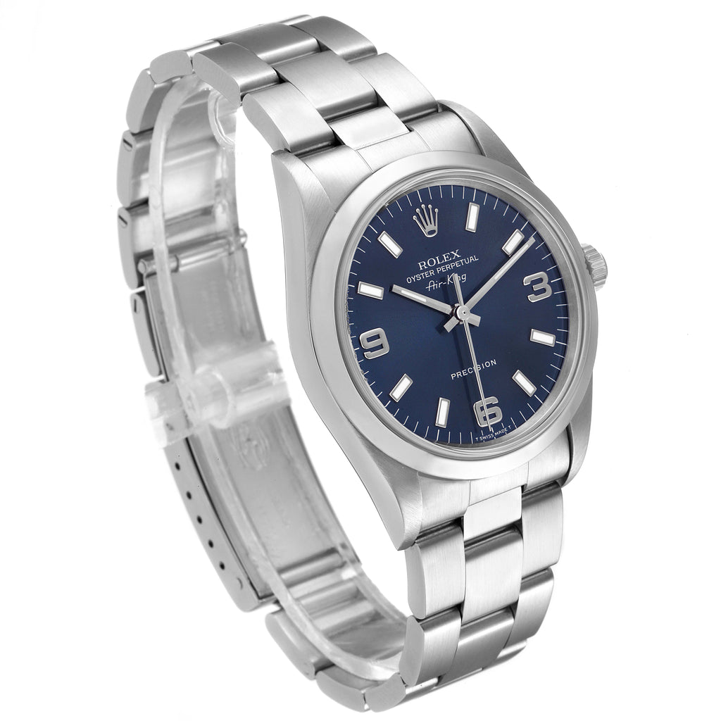 Rolex Air King 34 Blue Baton Dial Domed Bezel Steel Mens Watch 14000