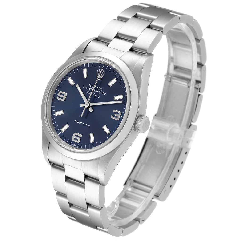 Rolex Air King 34 Blue Baton Dial Domed Bezel Steel Mens Watch 14000