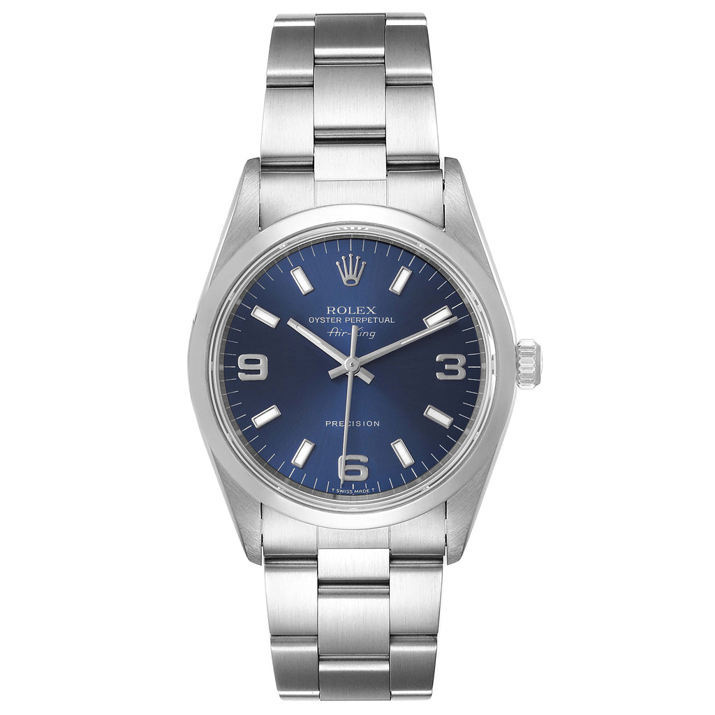 Rolex Air King 34 Blue Baton Dial Domed Bezel Steel Mens Watch 14000
