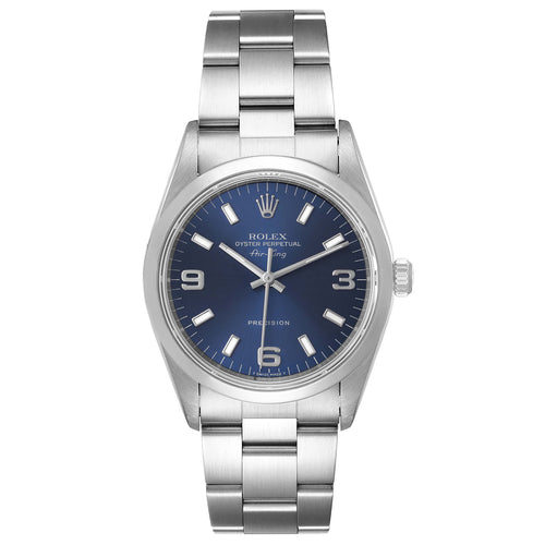 Rolex Air King 34 Blue Baton Dial Domed Bezel Steel Mens Watch 14000