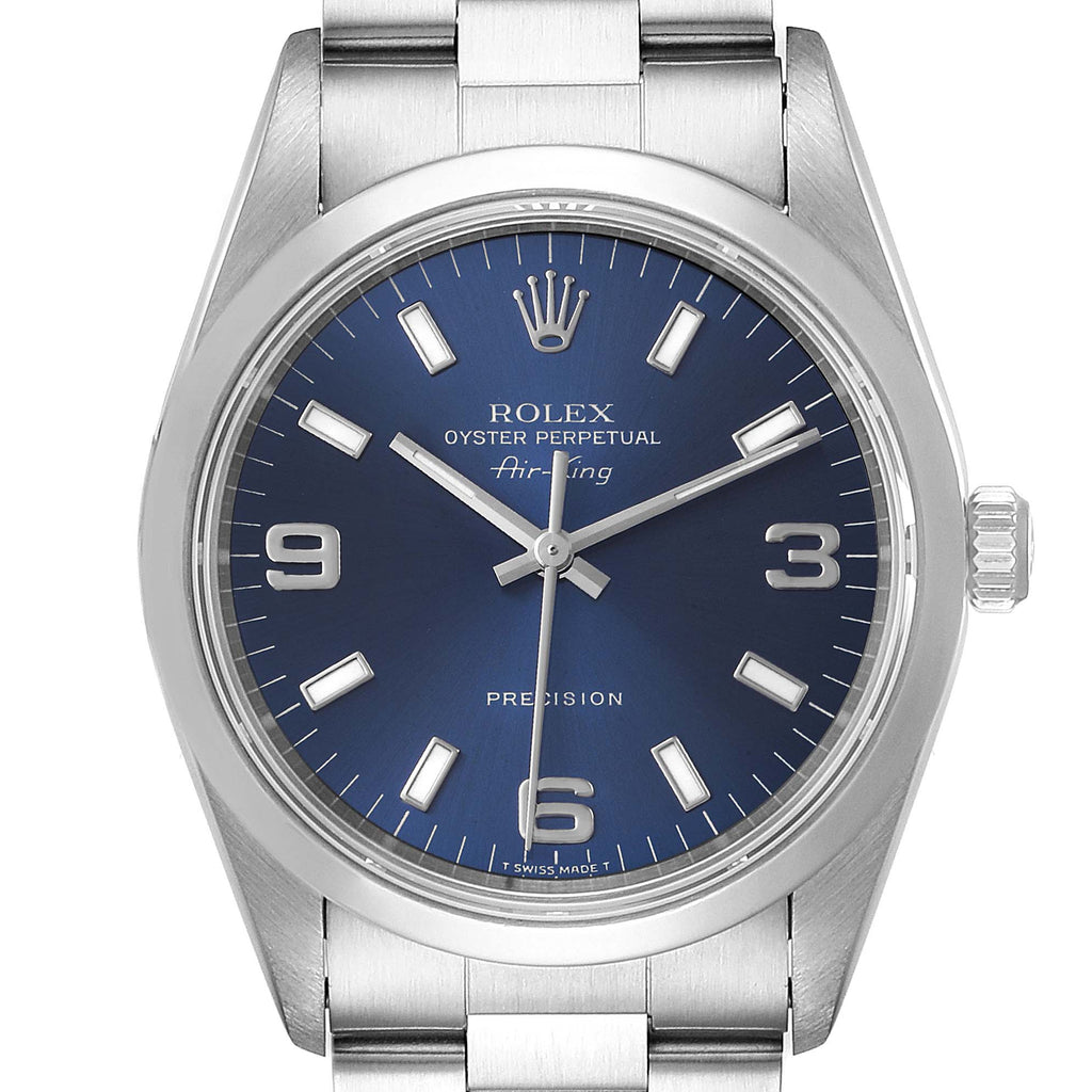Rolex Air King 34 Blue Baton Dial Domed Bezel Steel Mens Watch 14000