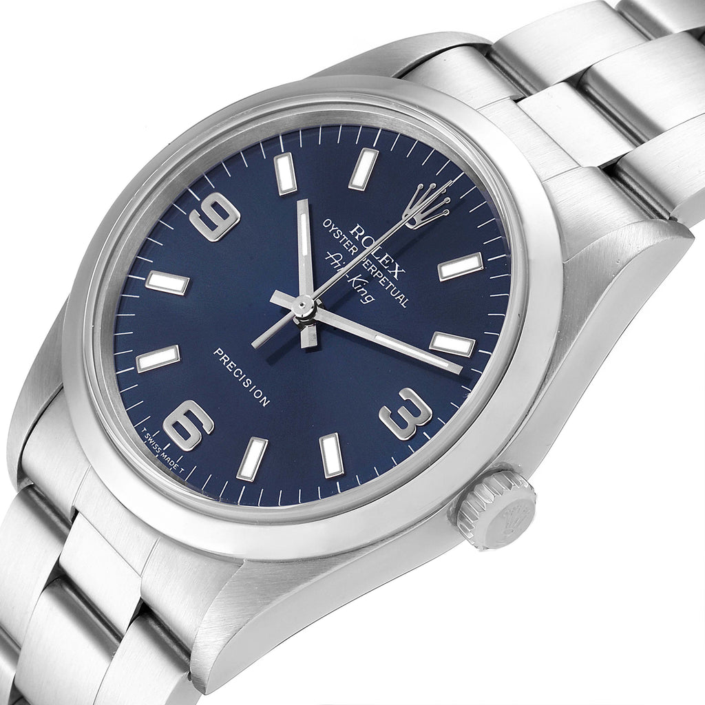 Rolex Air King 34 Blue Baton Dial Domed Bezel Steel Mens Watch 14000