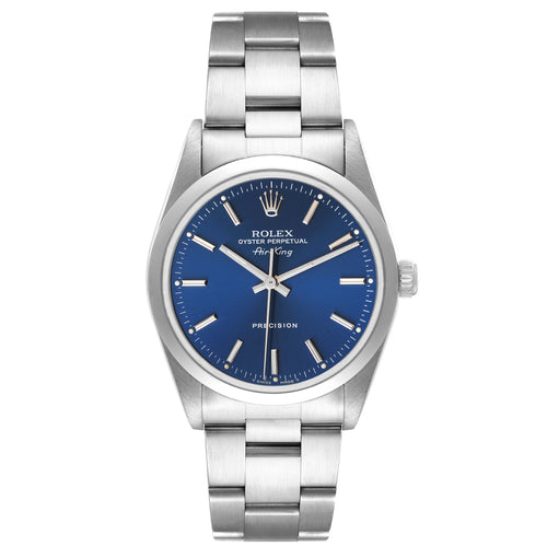 Rolex Air King 34 Blue Dial Domed Bezel Steel Mens Watch 14000 TWO LINKS ADDED