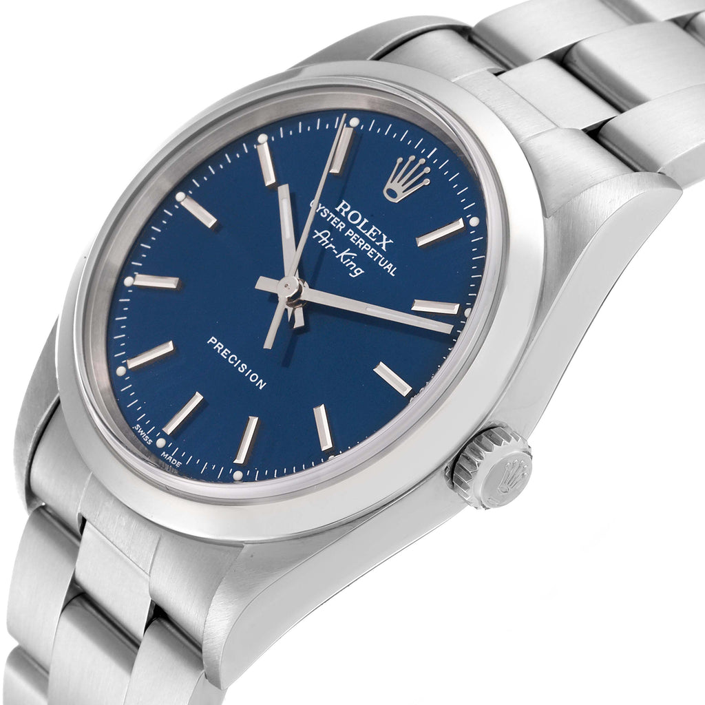 Rolex Air King 34 Blue Dial Smooth Bezel Steel Mens Watch 14000 Box Service Card