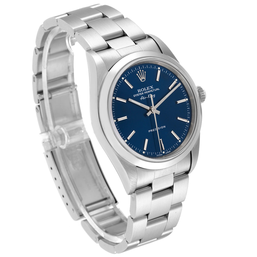 Rolex Air King 34 Blue Dial Smooth Bezel Steel Mens Watch 14000 Box Service Card