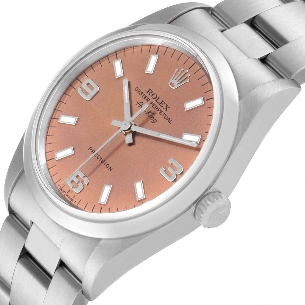 Rolex Air King 34 Salmon Baton Dial Domed Bezel Steel Mens Watch 14000