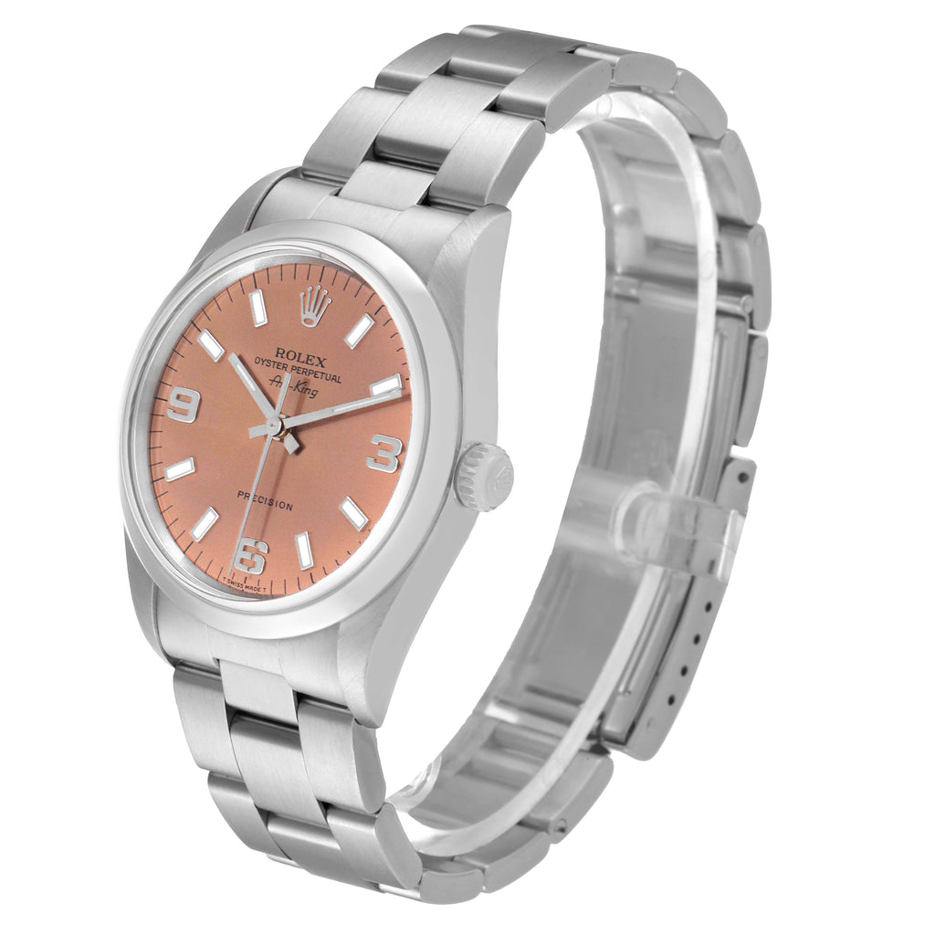 Rolex Air King 34 Salmon Baton Dial Domed Bezel Steel Mens Watch 14000
