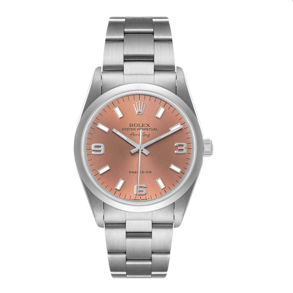Rolex Air King 34 Salmon Baton Dial Domed Bezel Steel Mens Watch 14000
