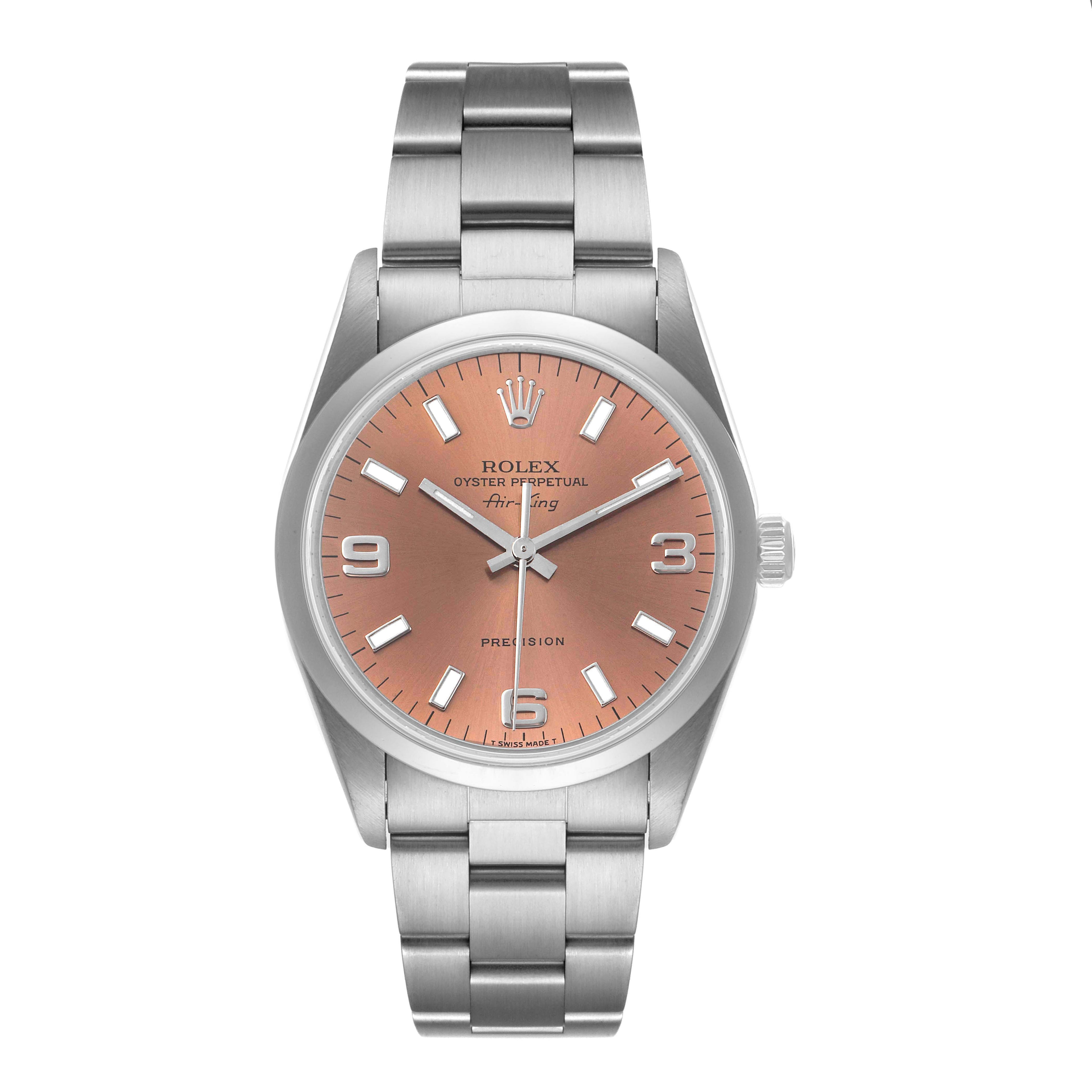 Rolex Air King 34 Salmon Baton Dial Domed Bezel Steel Mens Watch 14000