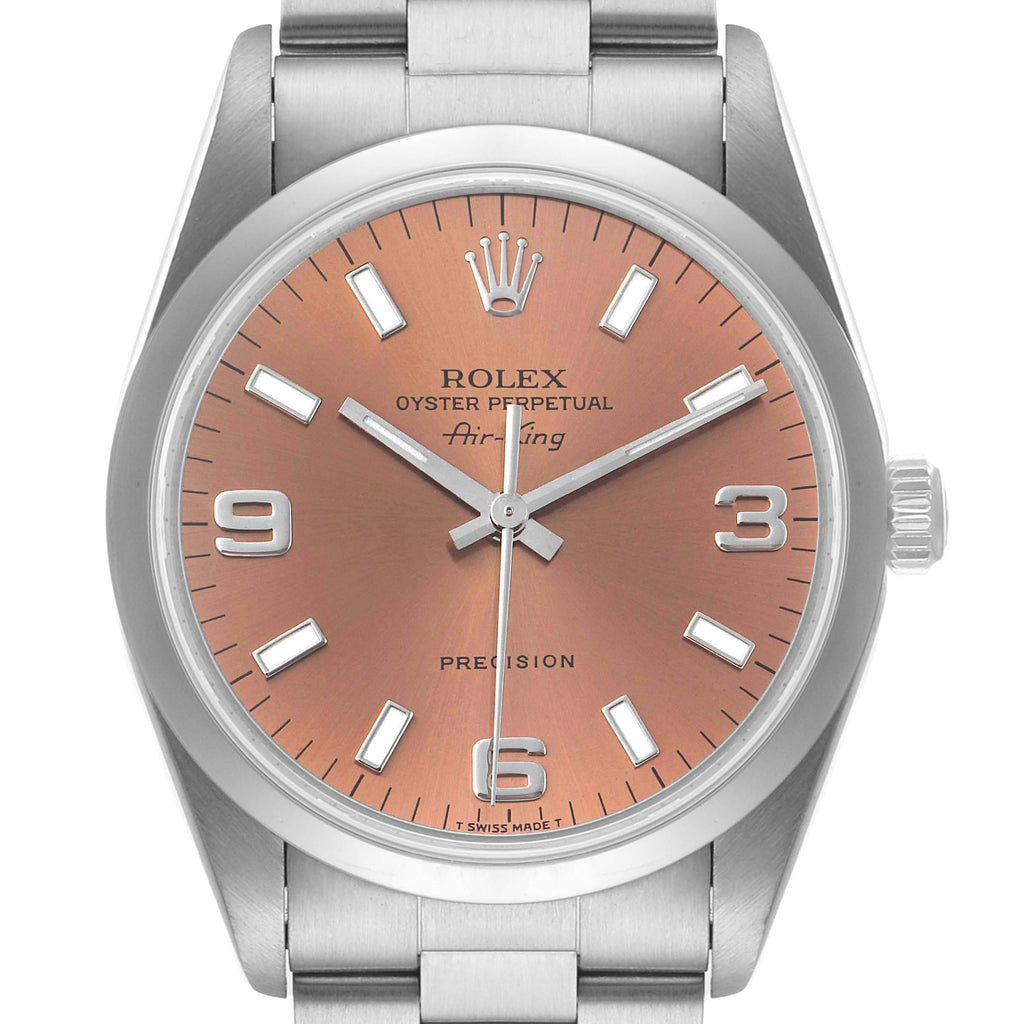Rolex Air King 34 Salmon Baton Dial Domed Bezel Steel Mens Watch 14000