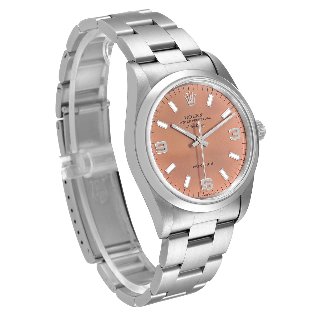 Rolex Air King 34 Salmon Baton Dial Domed Bezel Steel Mens Watch 14000