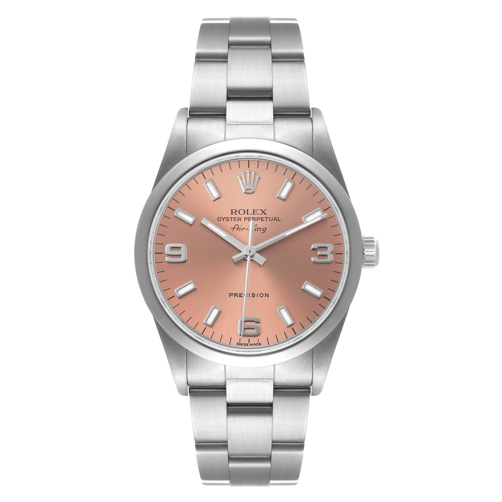 Rolex Air King 34 Salmon Baton Dial Domed Bezel Steel Watch 14000
