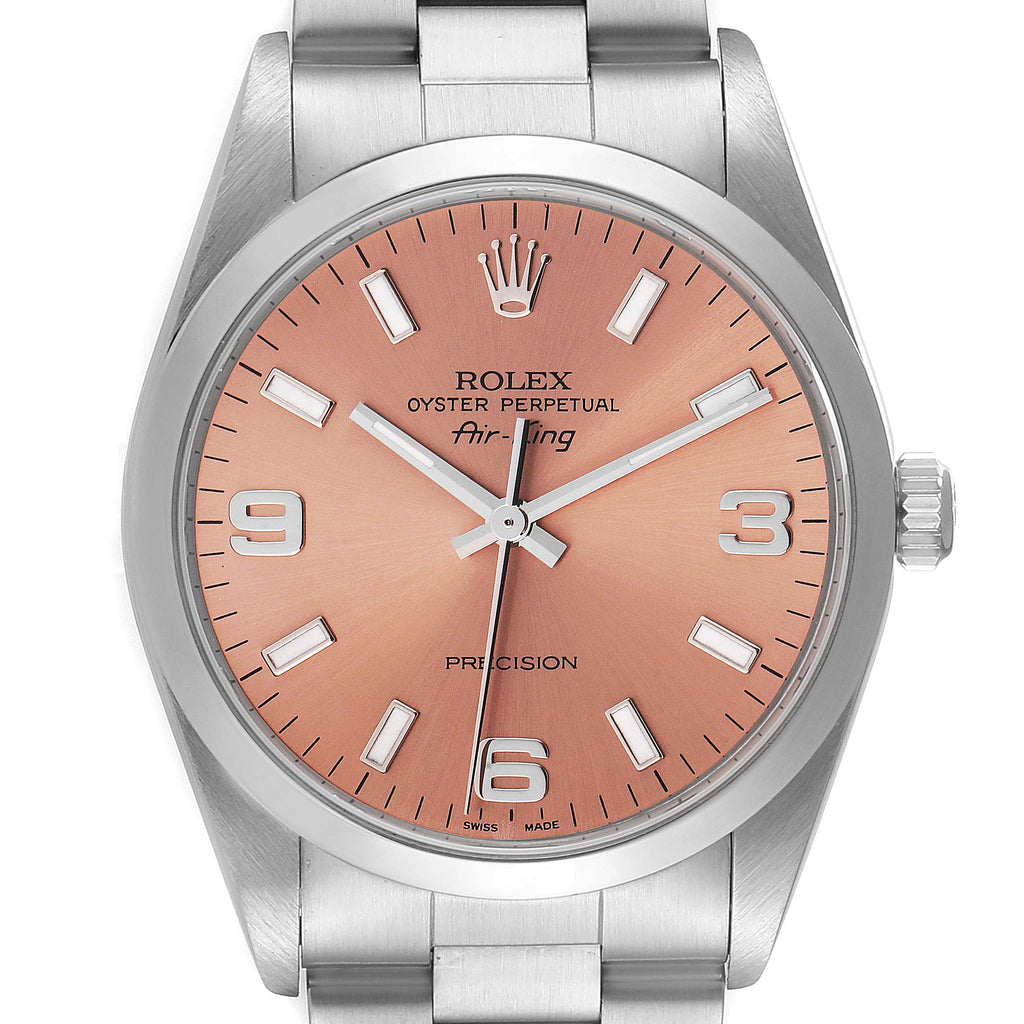 Rolex Air King 34 Salmon Baton Dial Domed Bezel Steel Watch 14000 Box Card