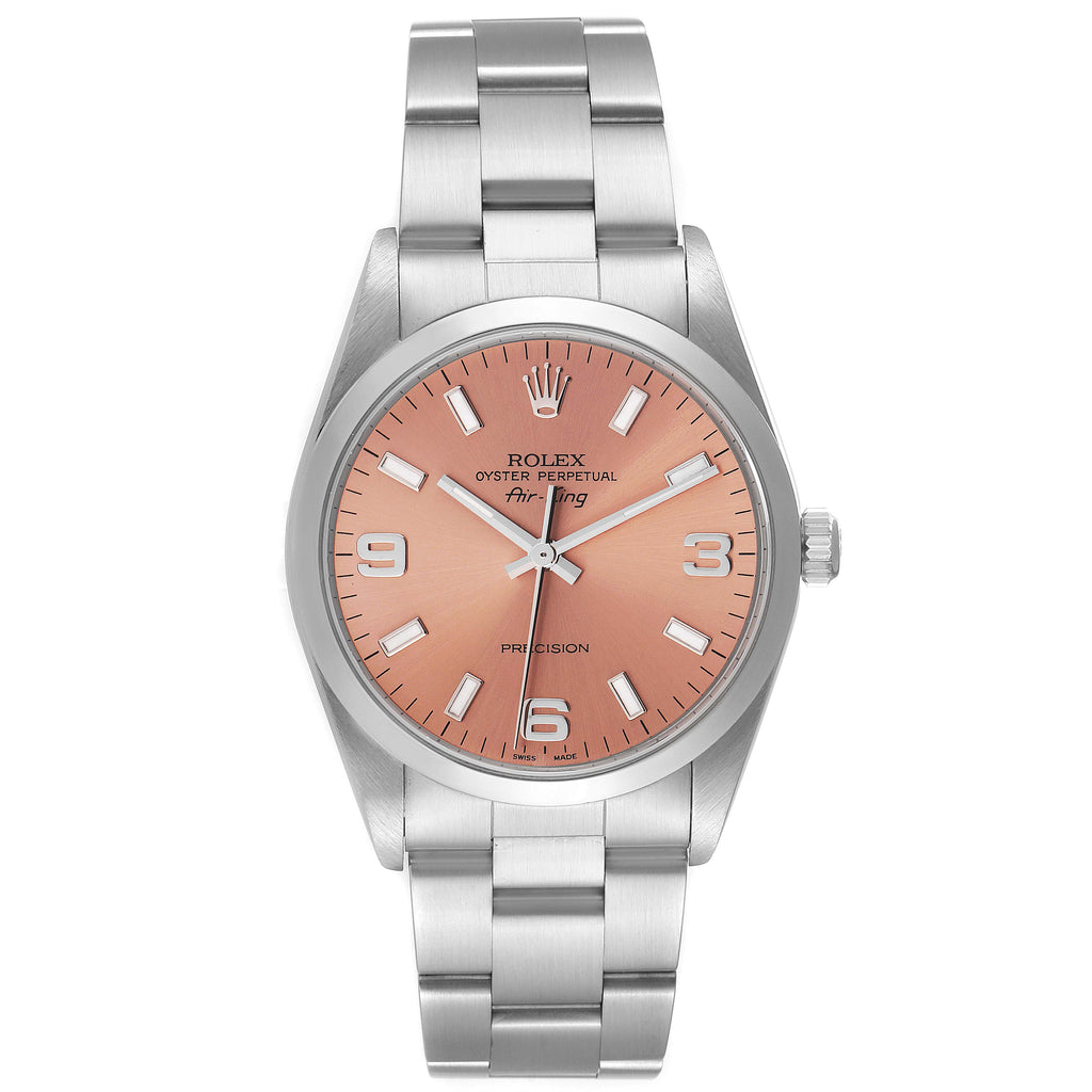 Rolex Air King 34 Salmon Baton Dial Domed Bezel Steel Watch 14000 Box Card