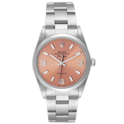 Rolex Air King 34 Salmon Baton Dial Domed Bezel Steel Watch 14000 Box Card