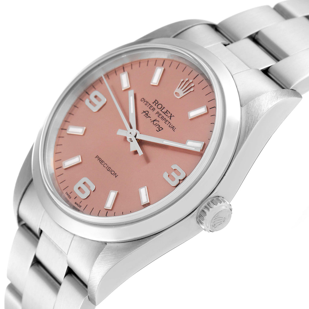 Rolex Air King 34 Salmon Baton Dial Domed Bezel Steel Watch 14000 Box Card