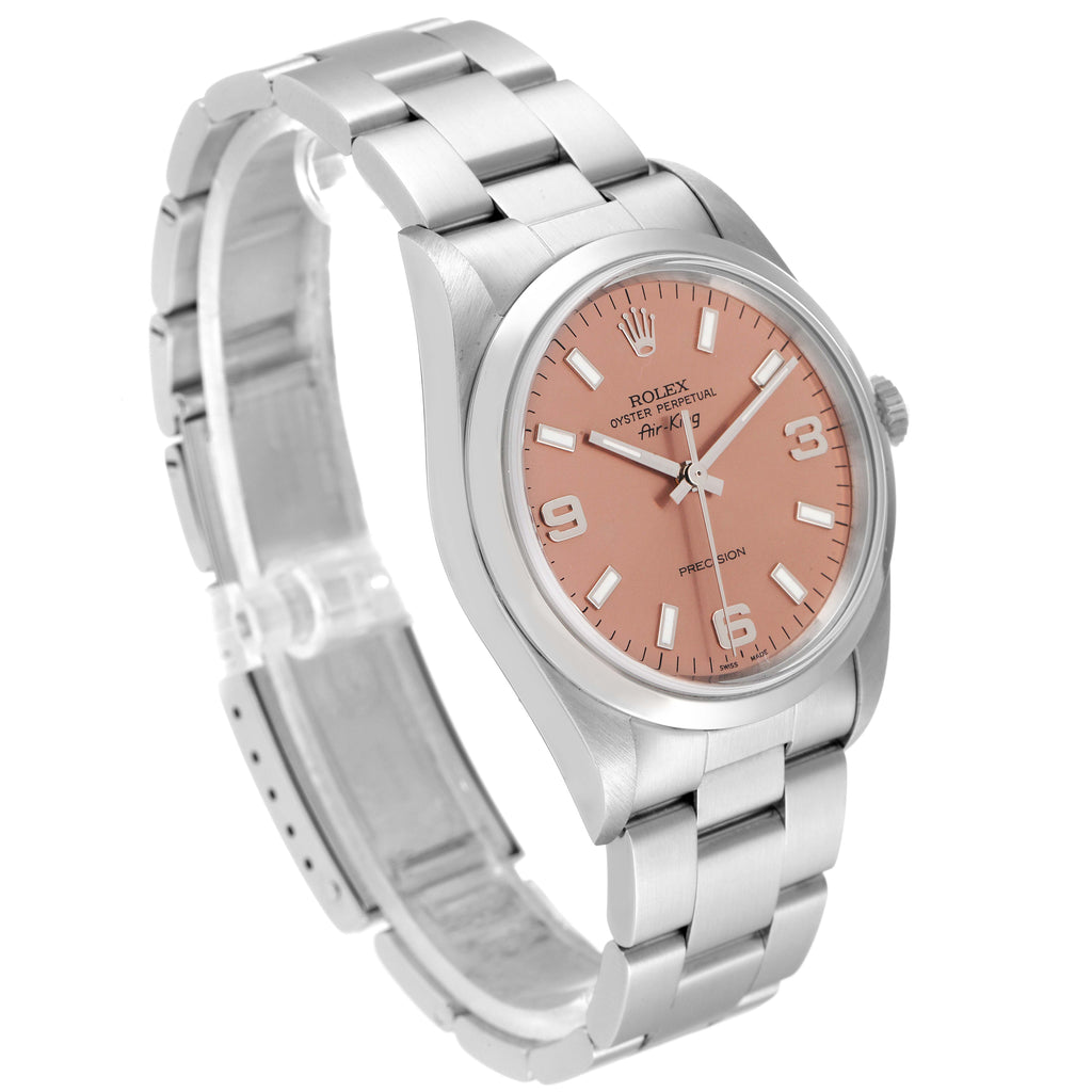 Rolex Air King 34 Salmon Baton Dial Domed Bezel Steel Watch 14000 Box Card