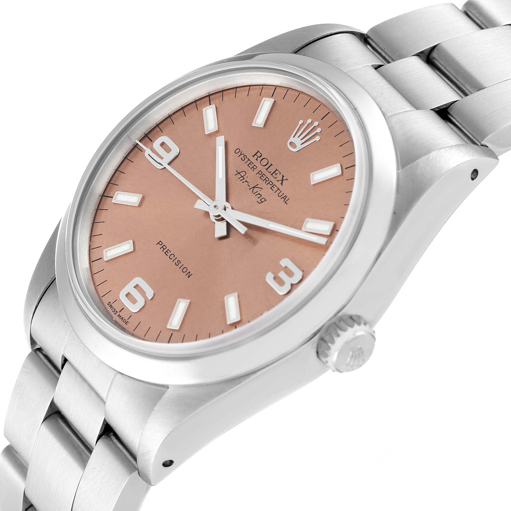 Rolex Air King 34 Salmon Baton Dial Domed Bezel Steel Watch 14000 Box Papers