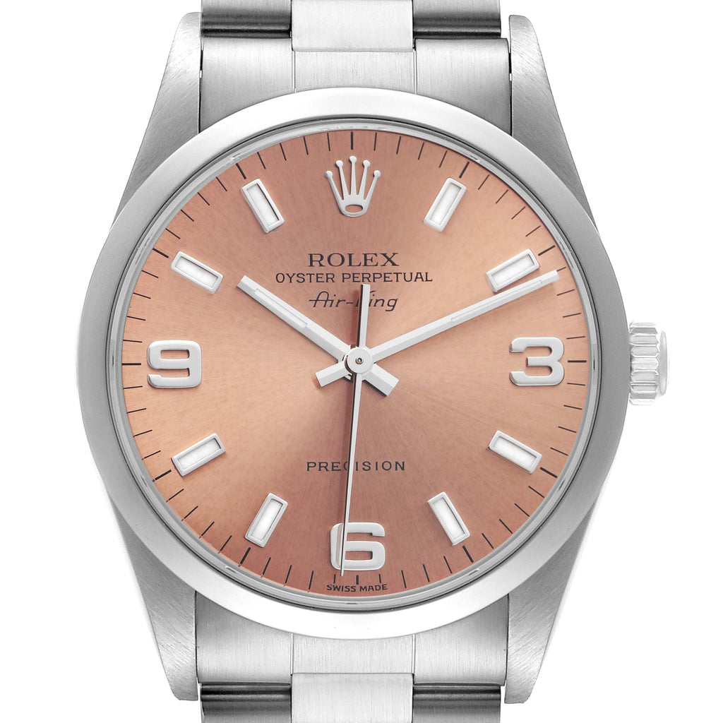 Rolex Air King 34 Salmon Baton Dial Domed Bezel Steel Watch 14000 Box Papers
