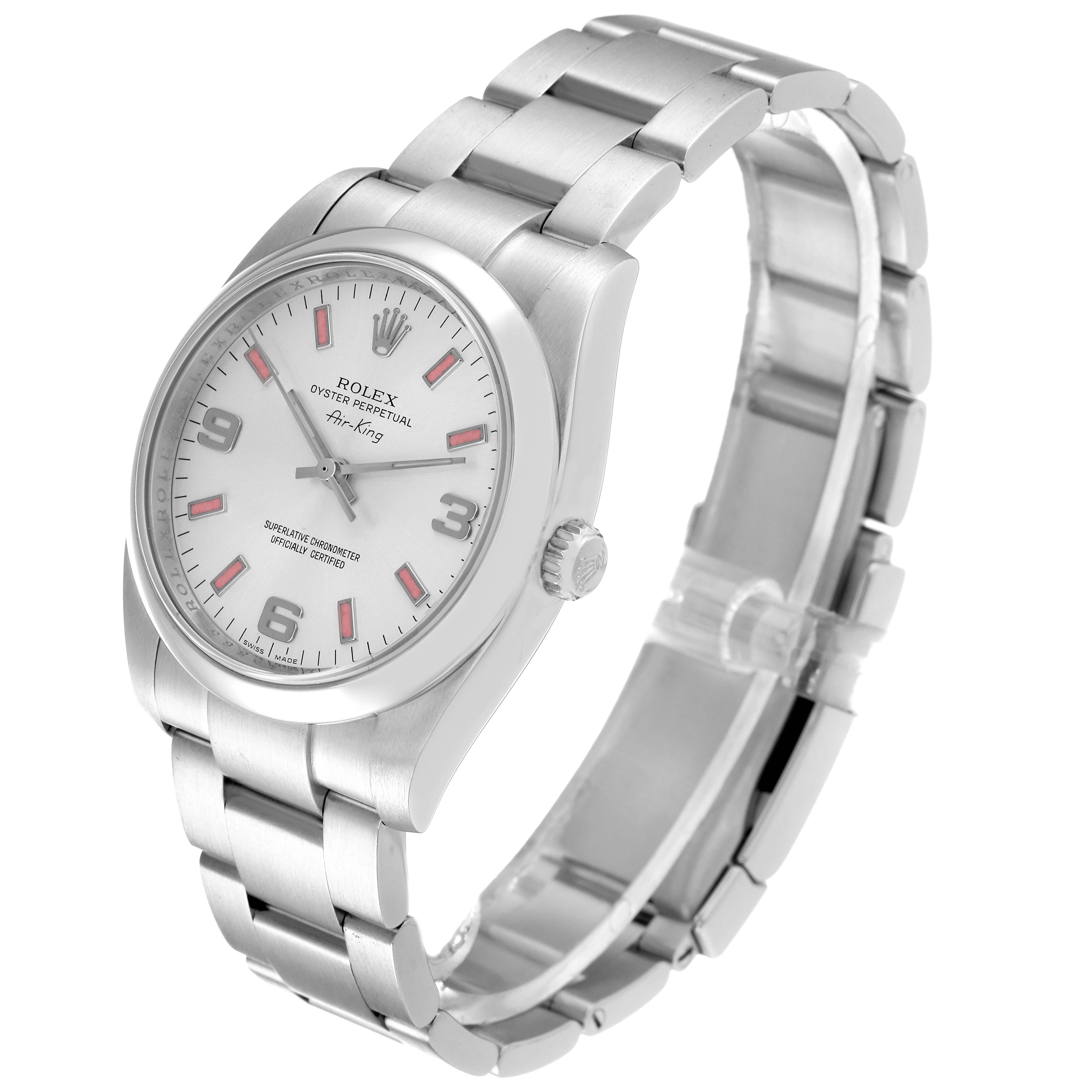 Rolex Air King 34 Silver Pink Baton Dial Steel Watch 114200 Box Card