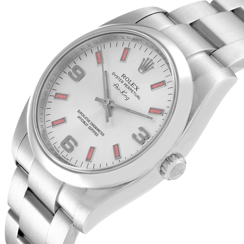 Rolex Air King 34 Silver Pink Baton Dial Steel Watch 114200 Box Card