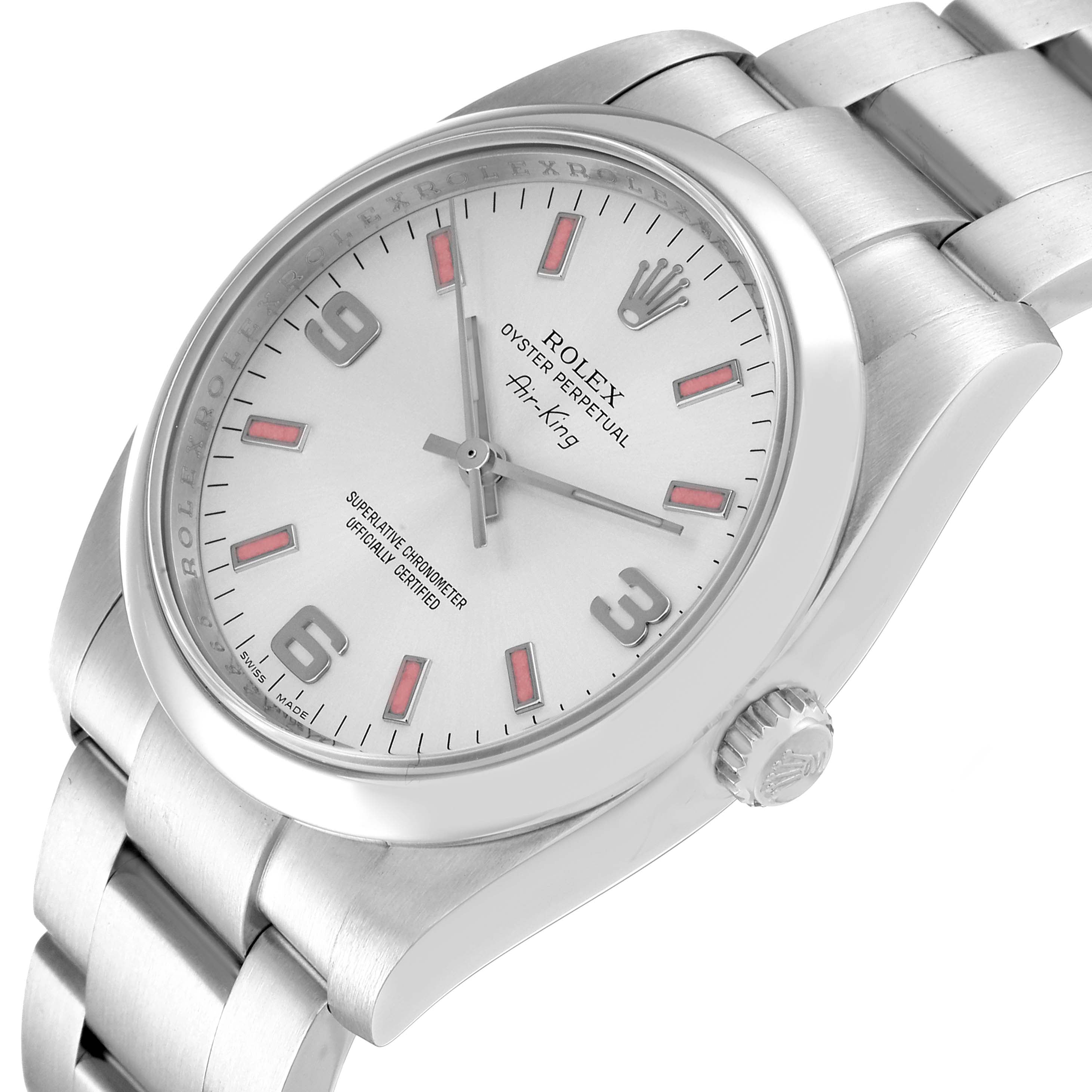 Rolex Air King 34 Silver Pink Baton Dial Steel Watch 114200 Box Card