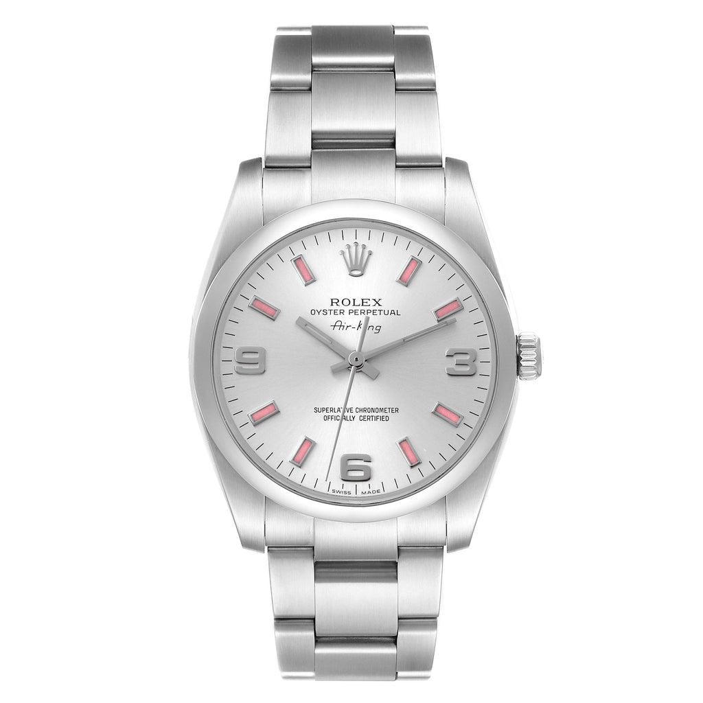 Rolex Air King 34 Silver Pink Baton Dial Steel Watch 114200 Box Card