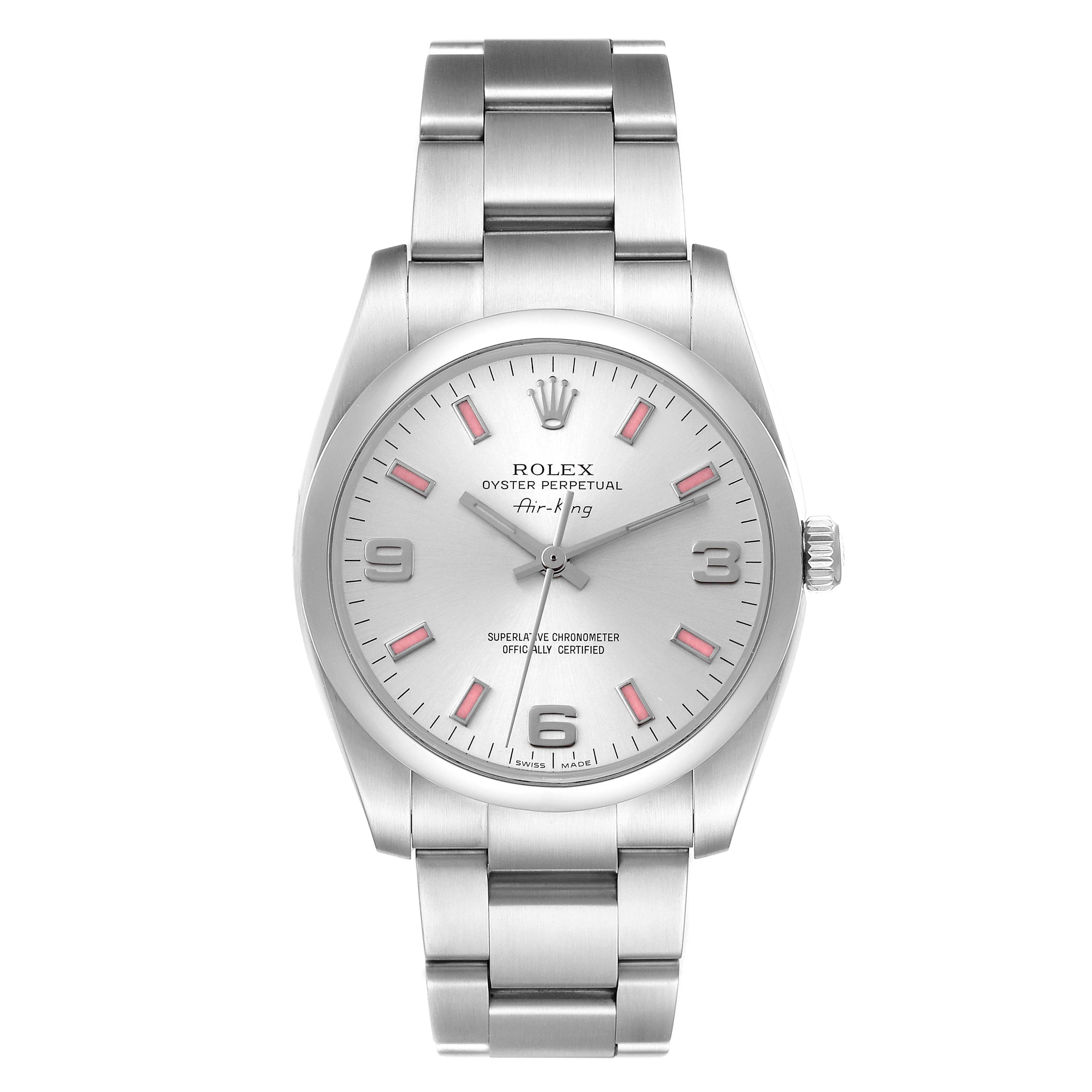Rolex Air King 34 Silver Pink Baton Dial Steel Watch 114200 Box Card