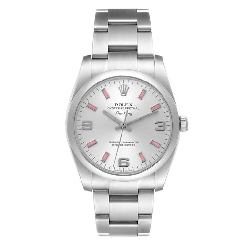 Rolex Air King 34 Silver Pink Baton Dial Steel Watch 114200 Box Card