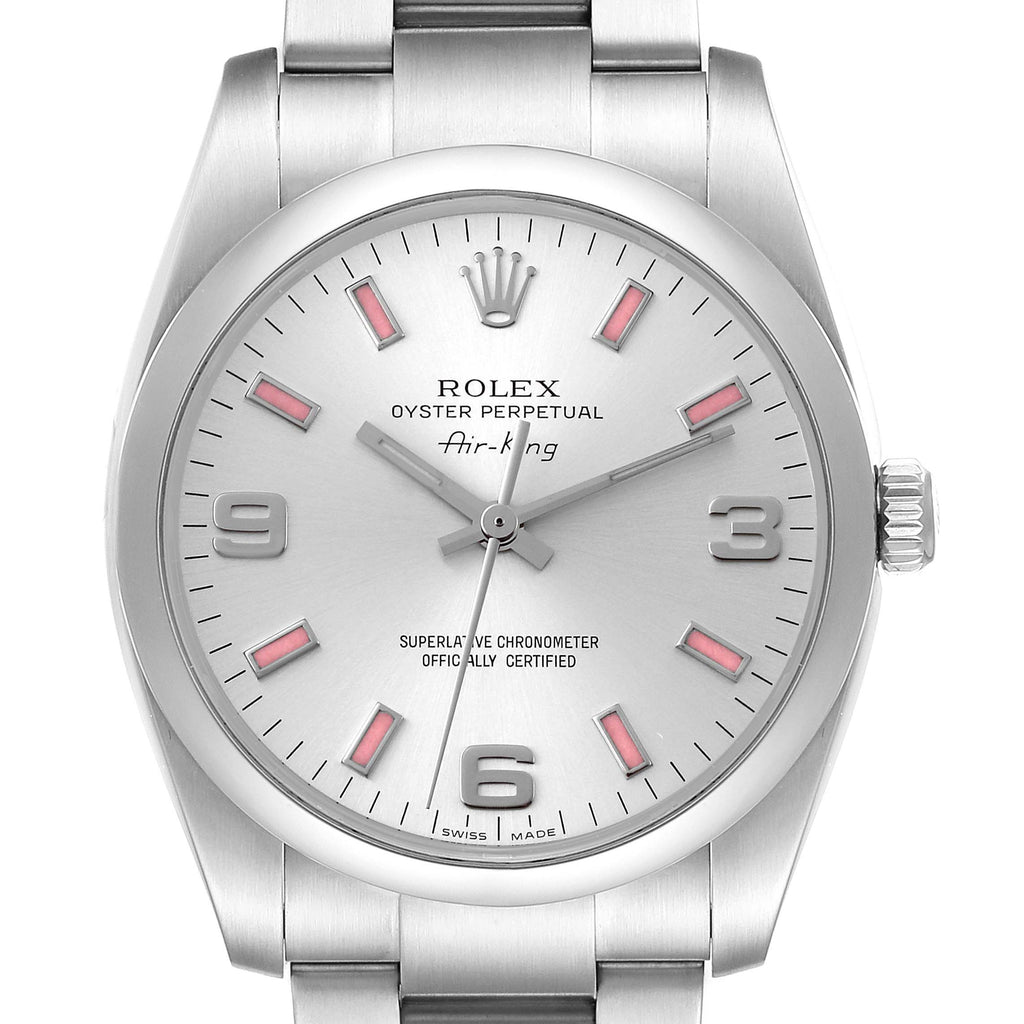 Rolex Air King 34 Silver Pink Baton Dial Steel Watch 114200 Box Card