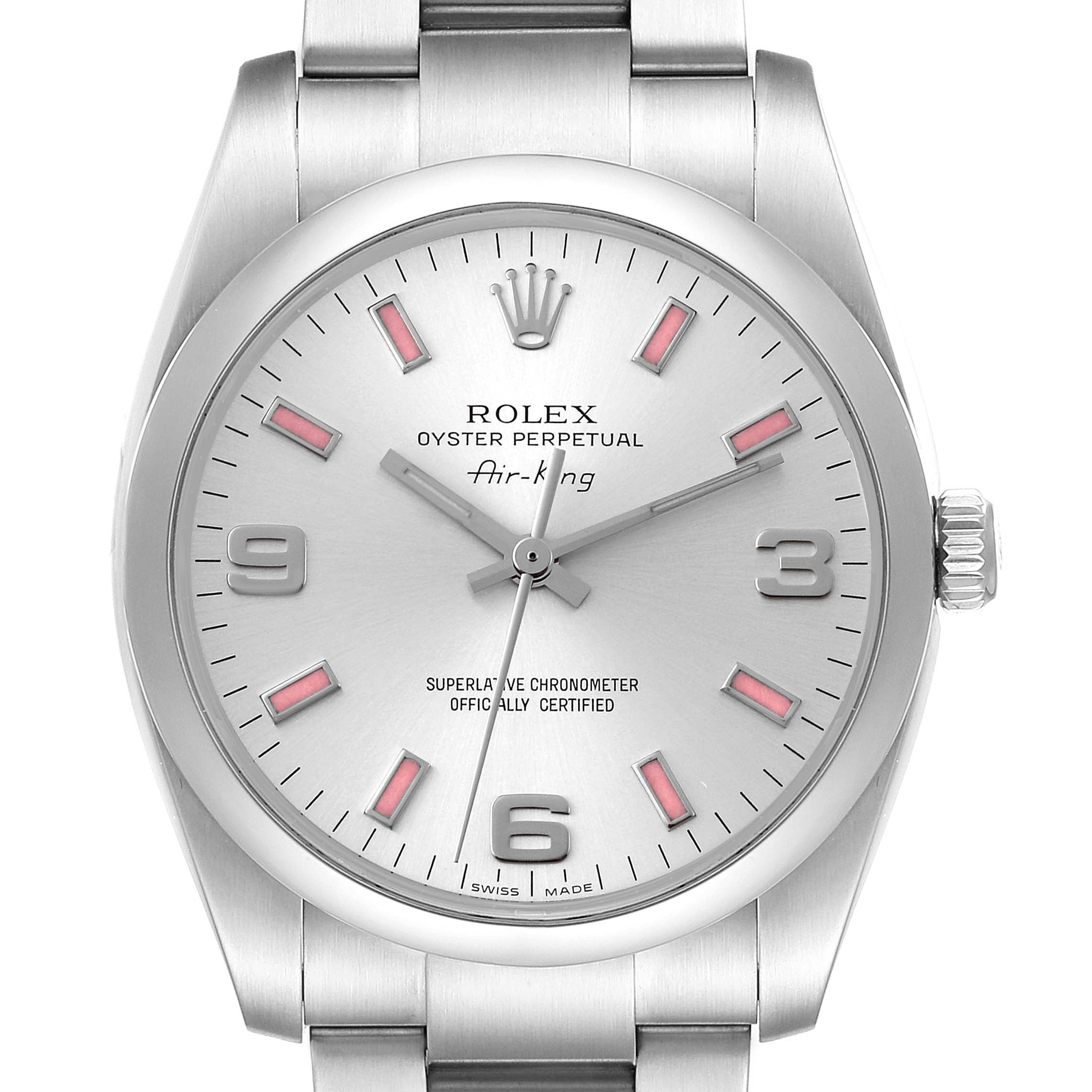Rolex Air King 34 Silver Pink Baton Dial Steel Watch 114200 Box Card