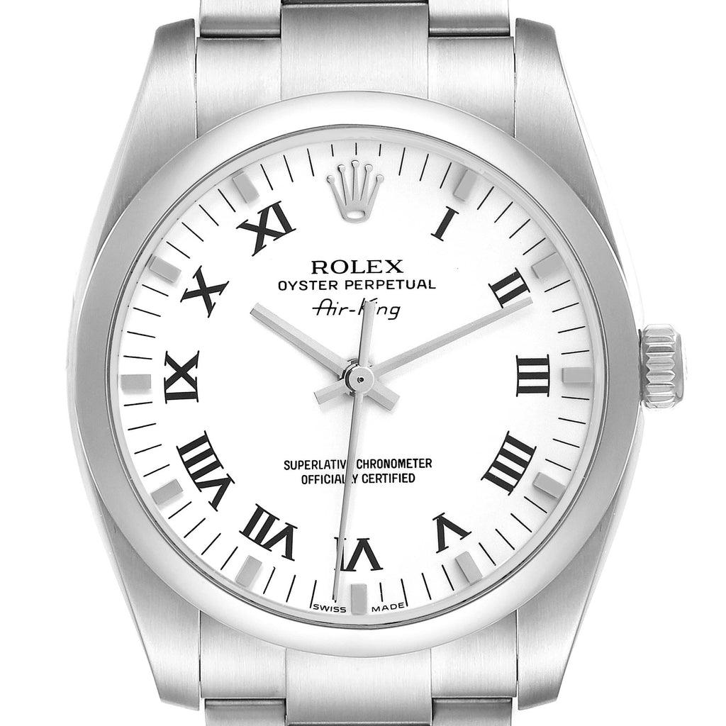 Rolex Air King 34 White Roman Dial Steel Mens Watch 114200 Box Card