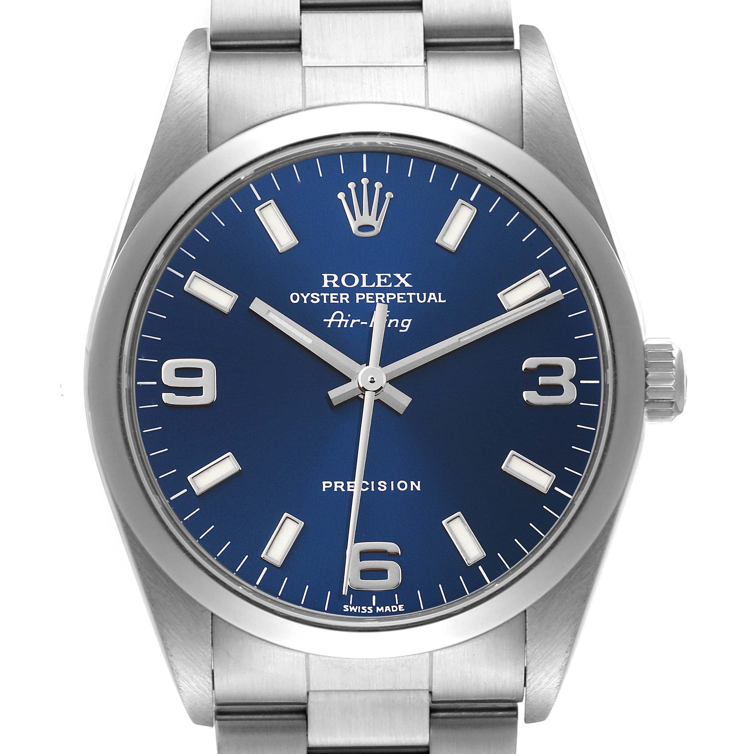 Rolex Air King 34mm Blue Dial Domed Bezel Steel Mens Watch 14000