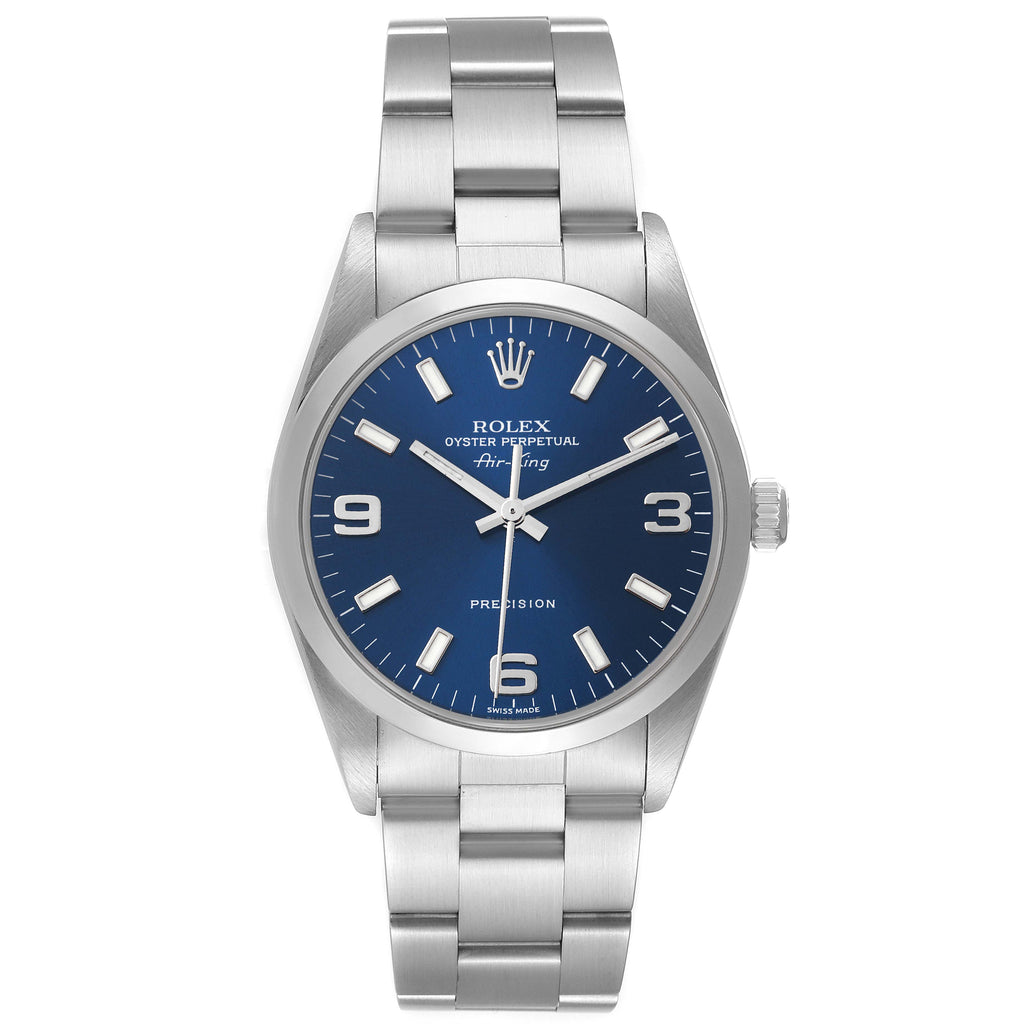 Rolex Air King 34mm Blue Dial Domed Bezel Steel Mens Watch 14000 Box Papers