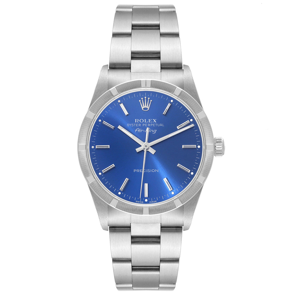 Rolex Air King 34mm Blue Dial Engine Turned Bezel Mens Watch 14010 Box Papers
