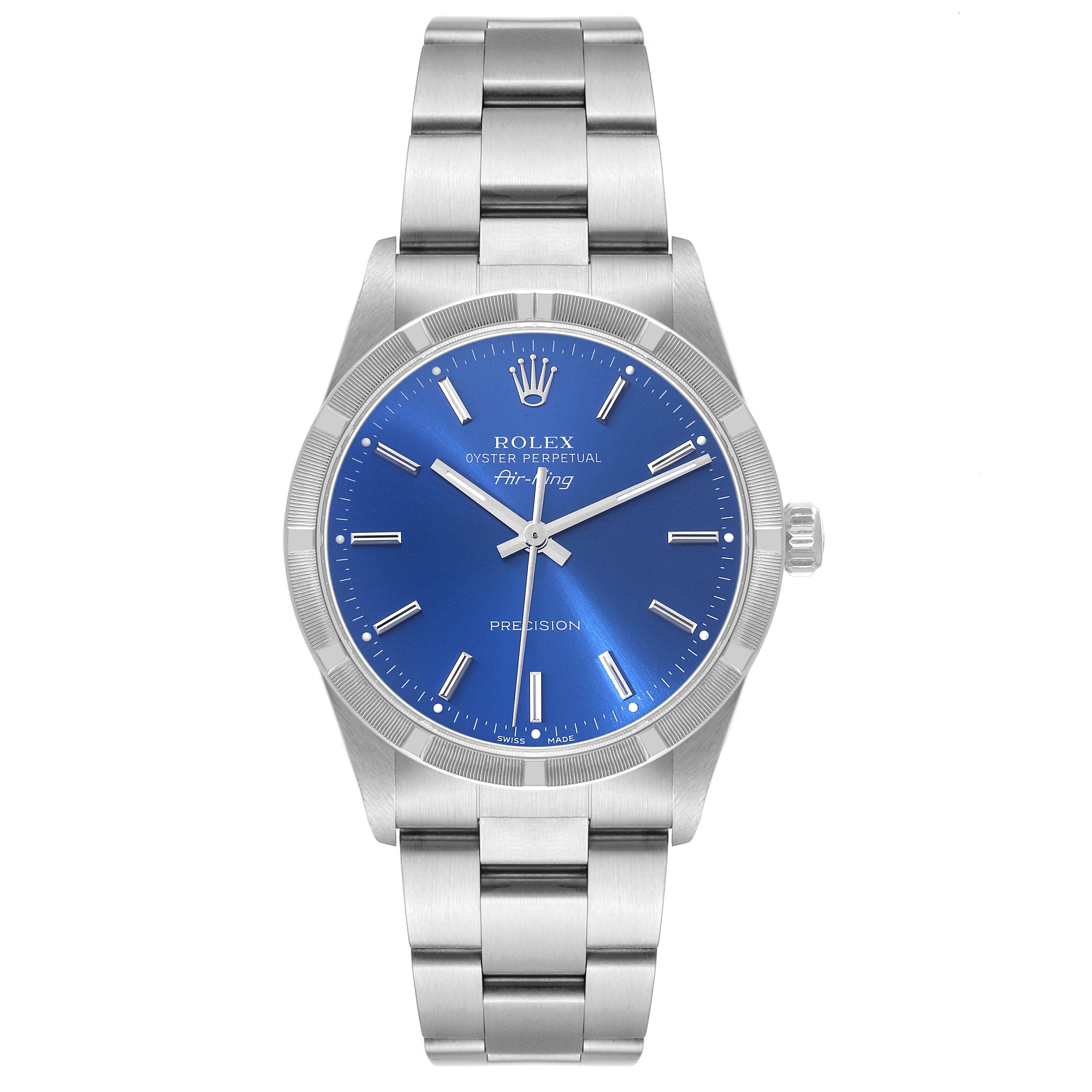 Rolex Air King 34mm Blue Dial Engine Turned Bezel Mens Watch 14010 Box Papers