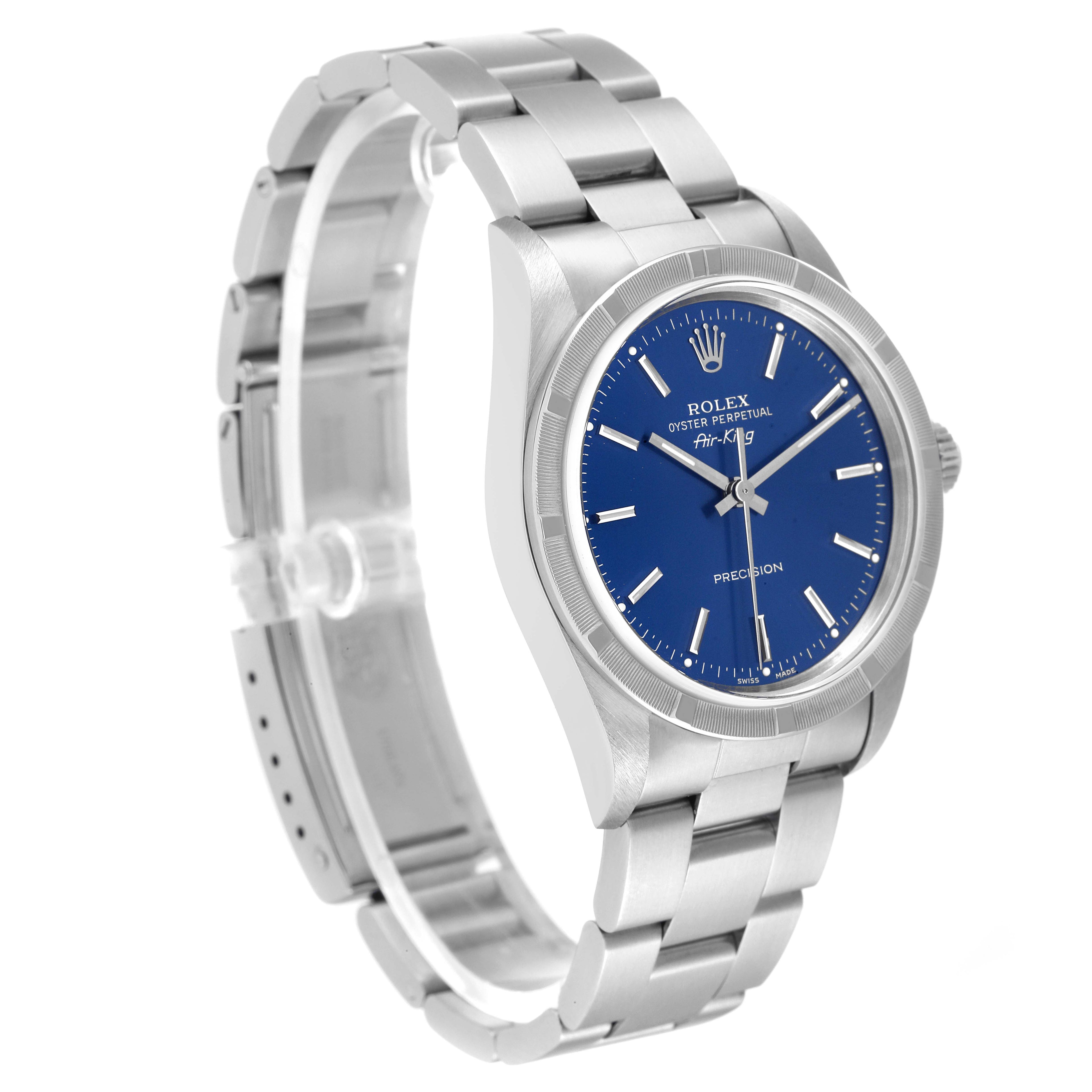 Rolex Air King 34mm Blue Dial Engine Turned Bezel Mens Watch 14010 Box Papers