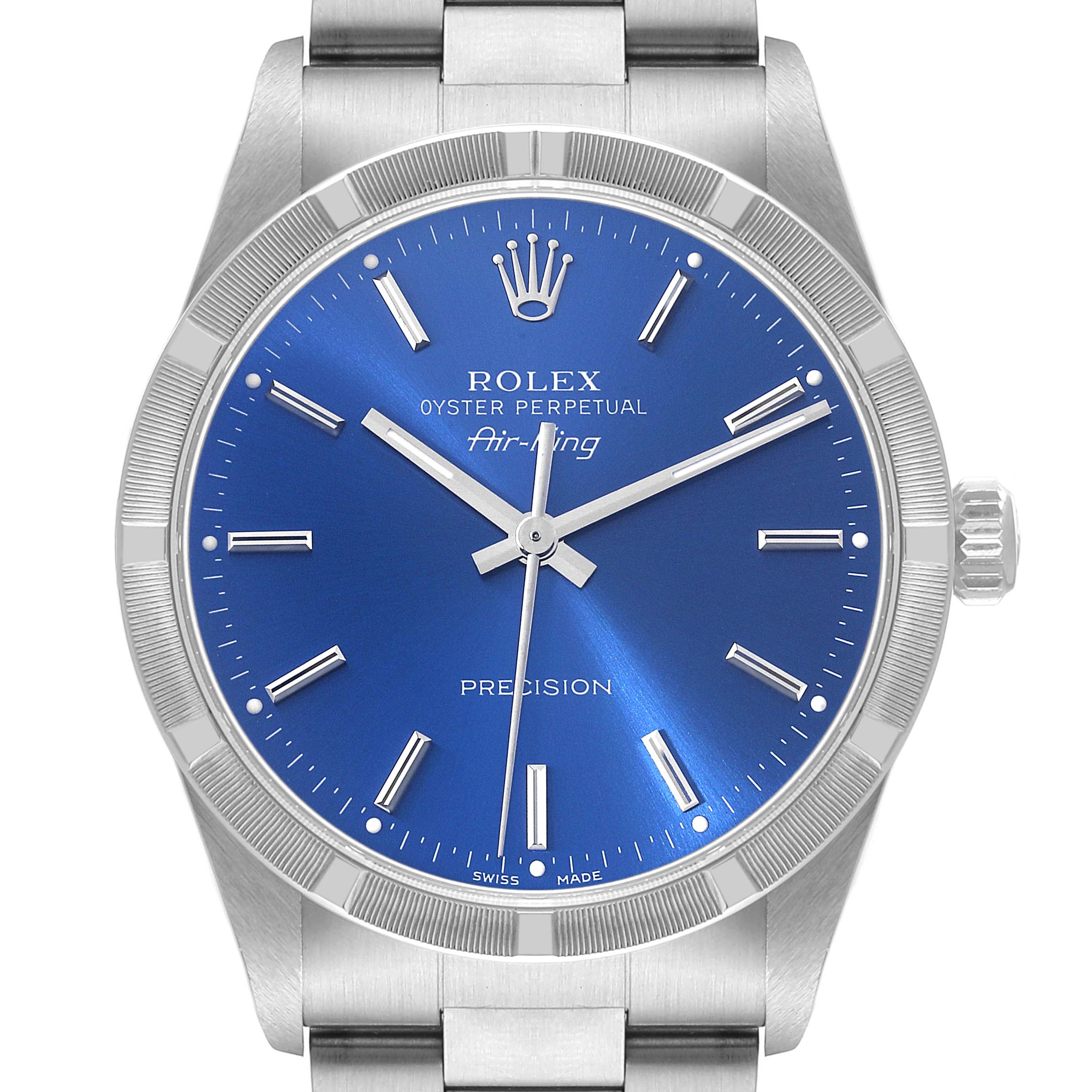 Rolex Air King 34mm Blue Dial Engine Turned Bezel Mens Watch 14010 Box Papers