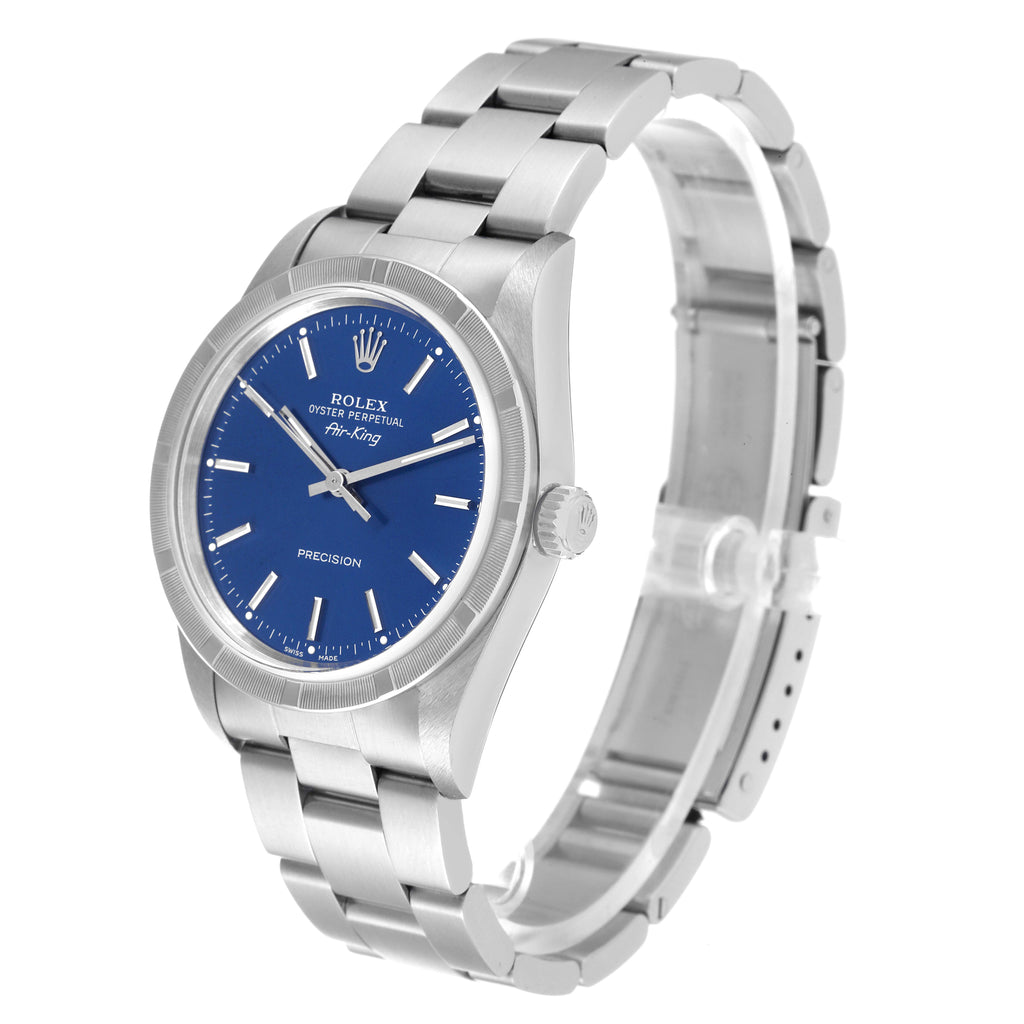 Rolex Air King 34mm Blue Dial Engine Turned Bezel Mens Watch 14010 Box Papers
