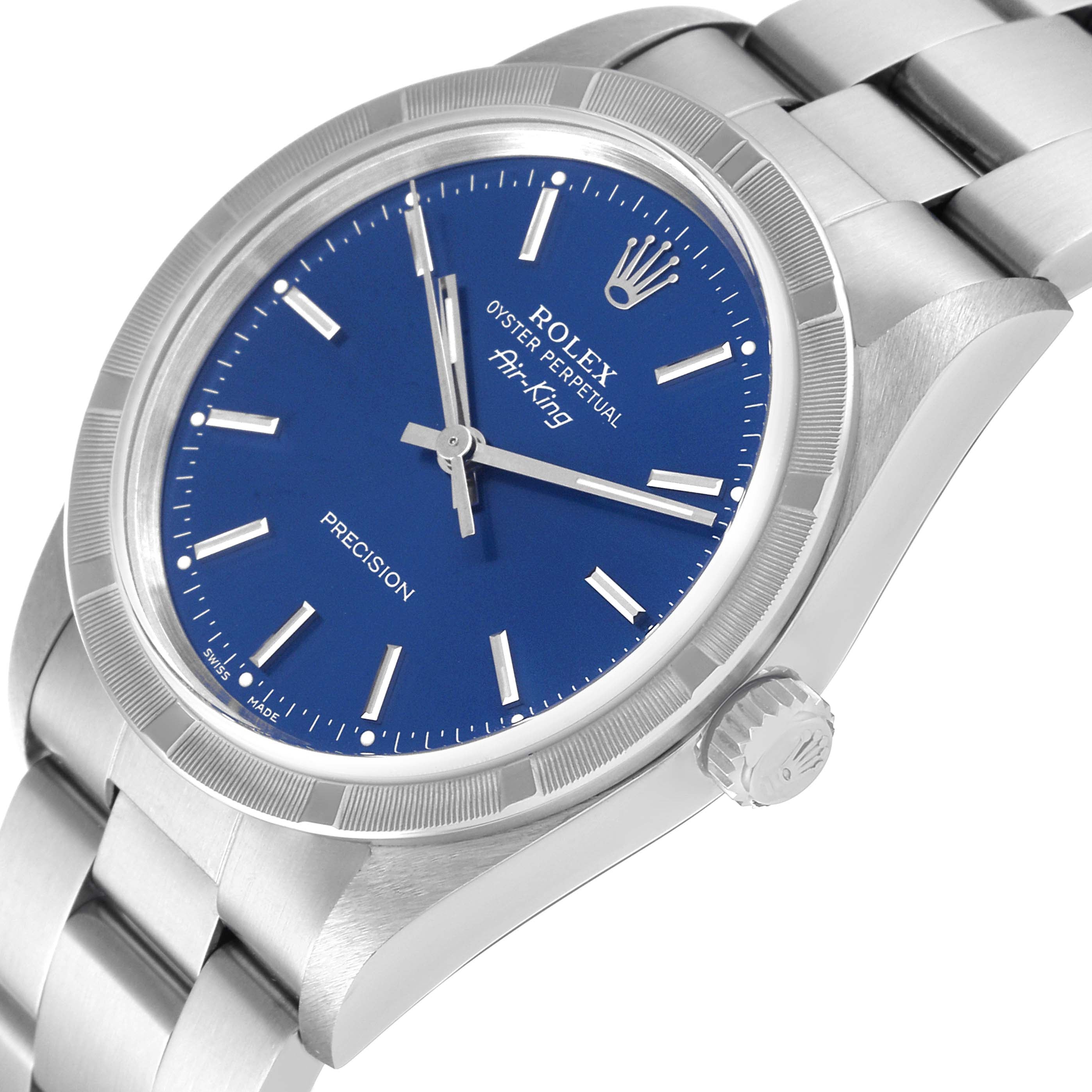 Rolex Air King 34mm Blue Dial Engine Turned Bezel Mens Watch 14010 Box Papers