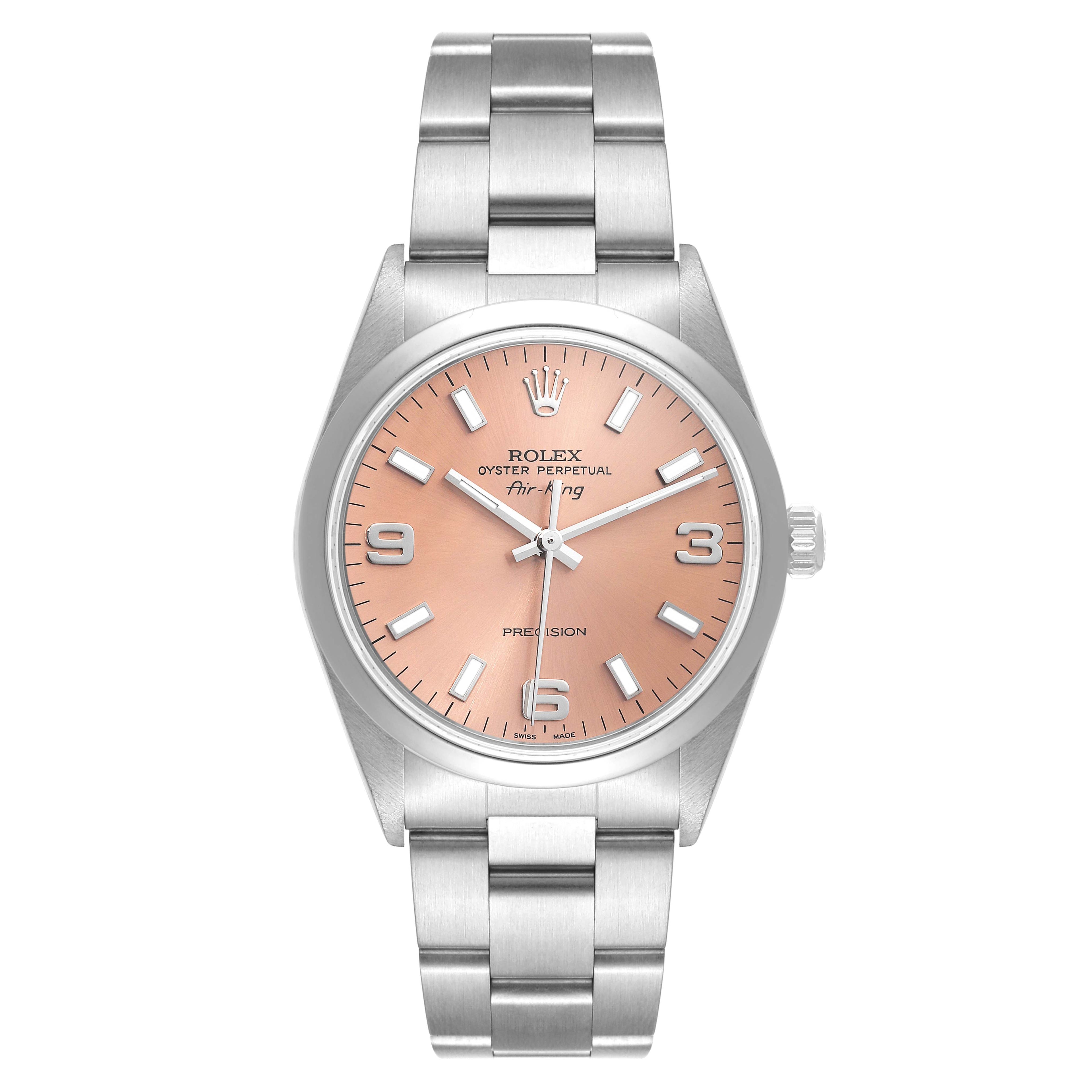 Rolex Air King 34mm Salmon Dial Domed Bezel Steel Mens Watch 14000