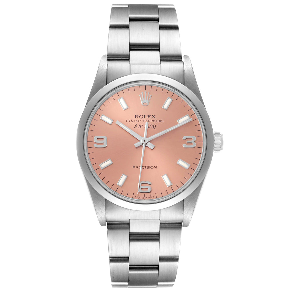 Rolex Air King 34mm Salmon Dial Domed Bezel Steel Mens Watch 14000 Box Papers