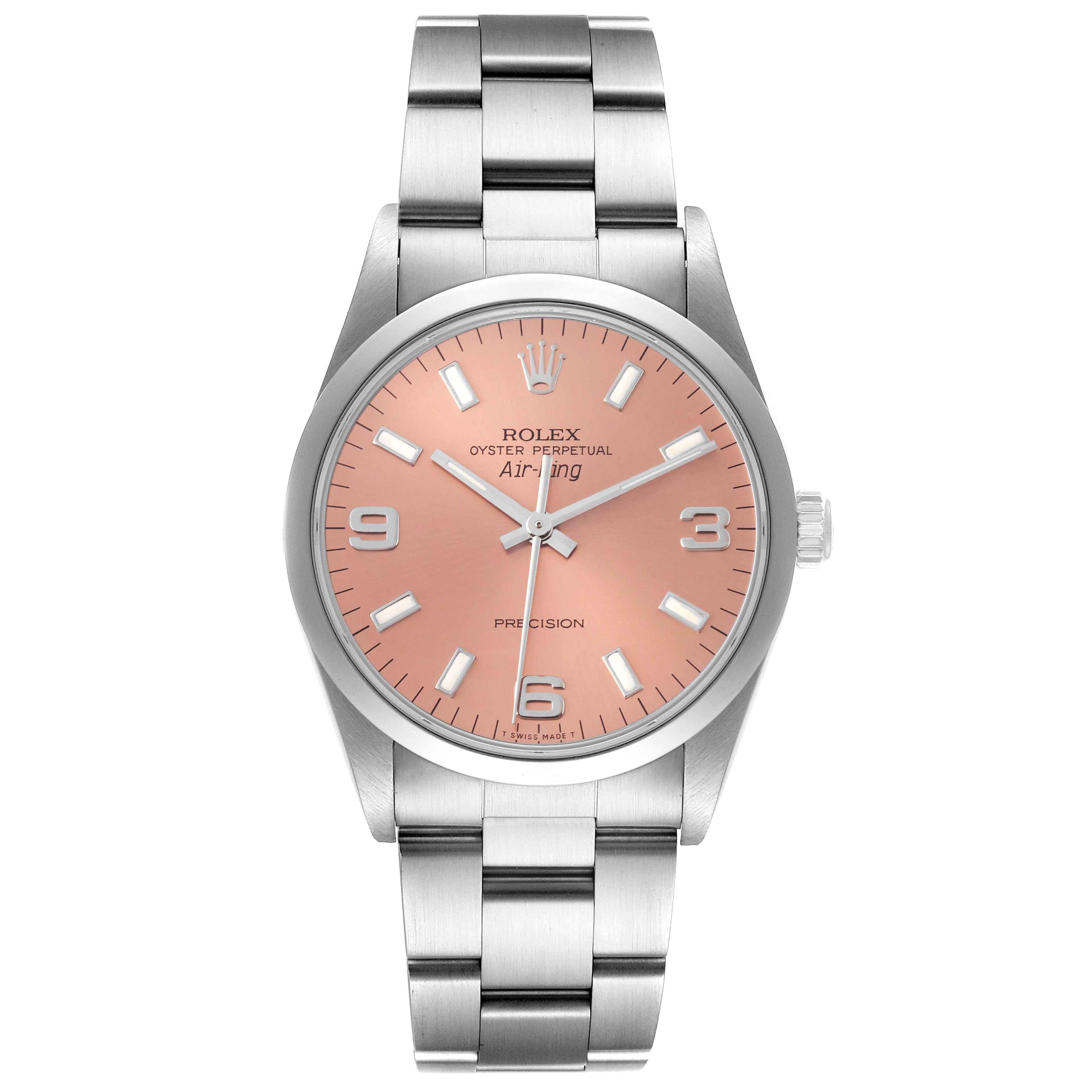 Rolex Air King 34mm Salmon Dial Domed Bezel Steel Mens Watch 14000 Box Papers