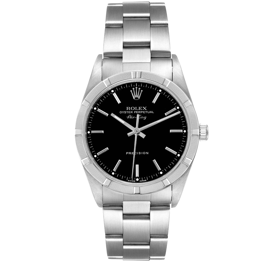 Rolex Air King Black Dial Steel Engine Turned Bezel Mens Watch 14010 Box Papers