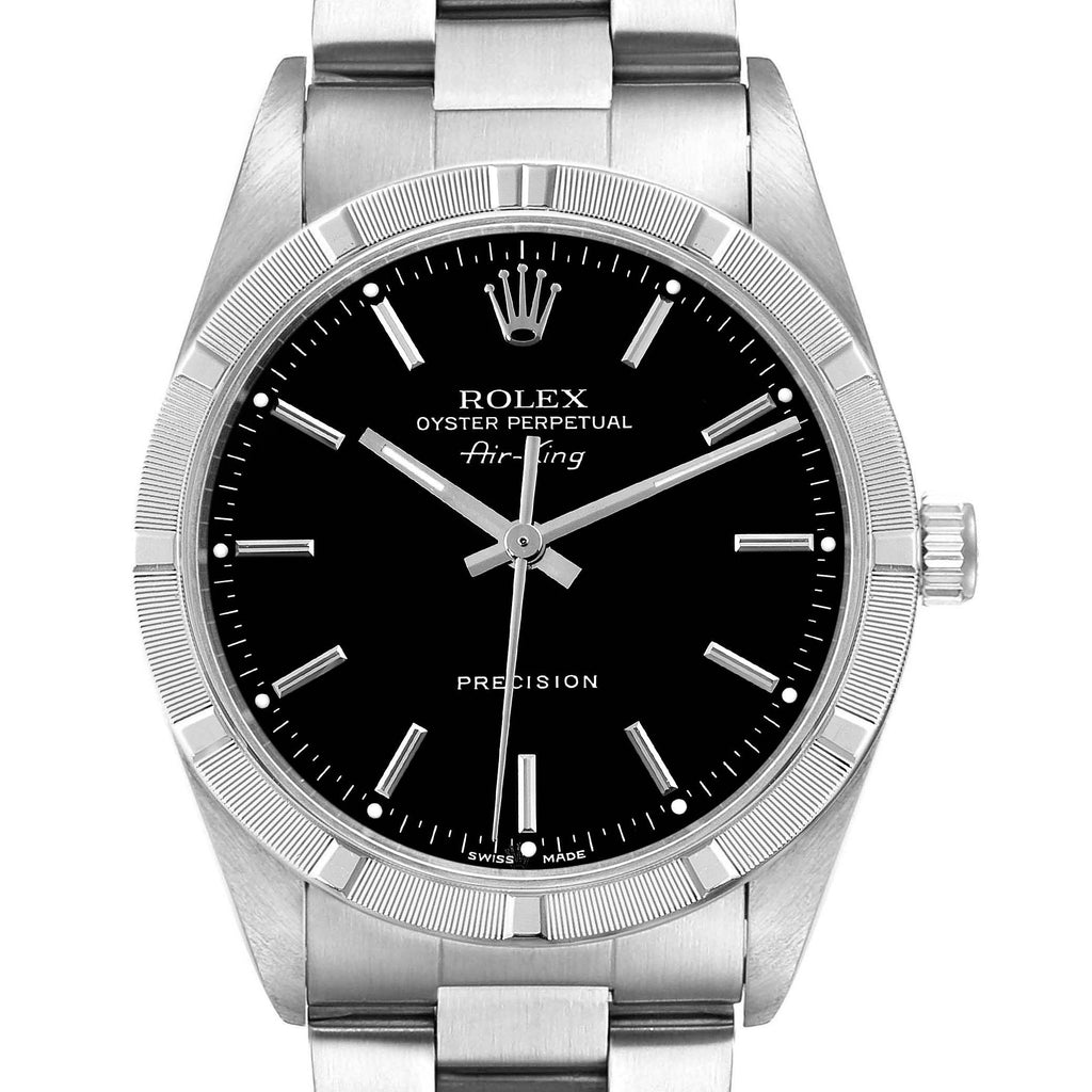 Rolex Air King Black Dial Steel Engine Turned Bezel Mens Watch 14010 Box Papers
