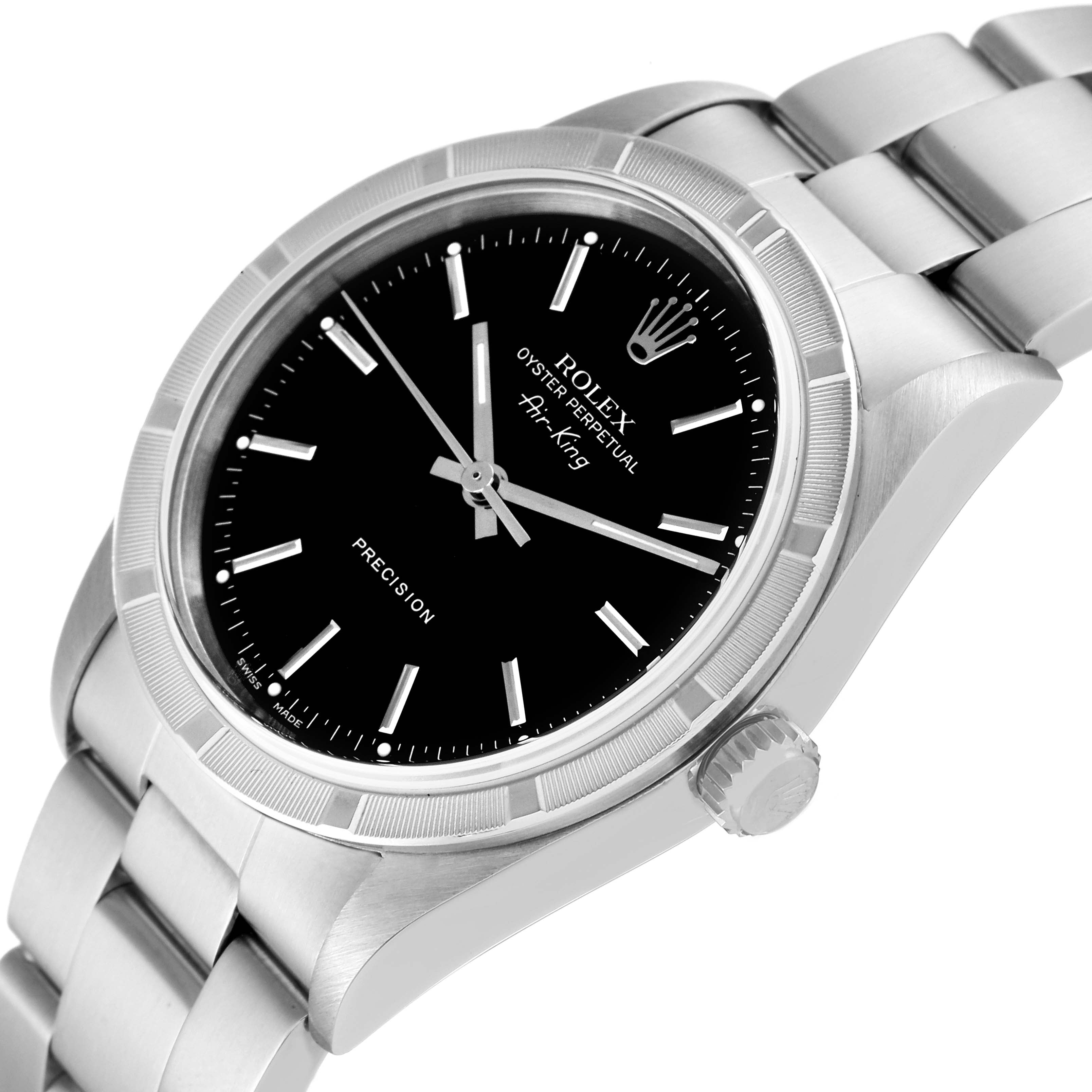 Rolex Air King Black Dial Steel Engine Turned Bezel Mens Watch 14010 Box Papers