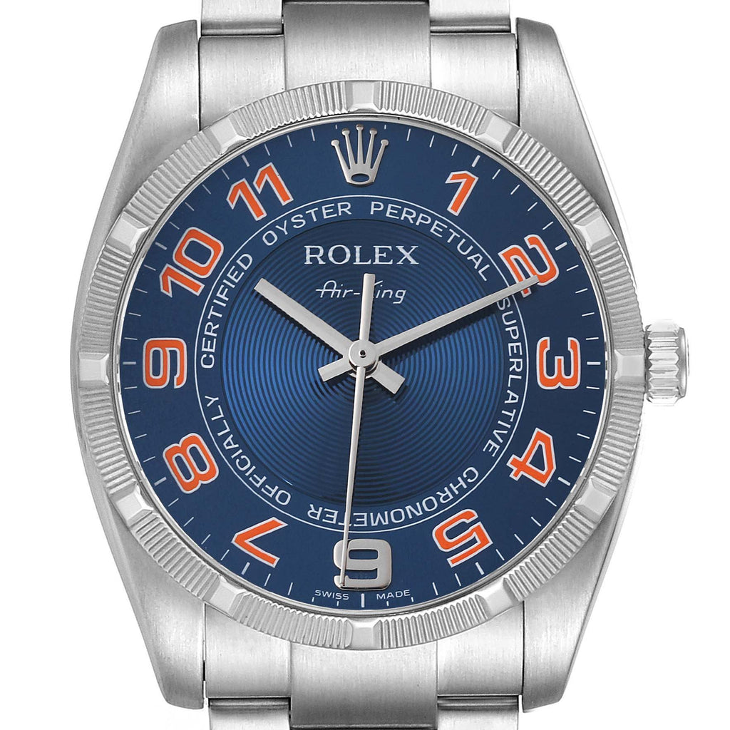 Rolex Air King Blue Concentric Dial Steel Mens Watch 114210 Box Card
